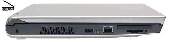 Linkerkant: Kensington slot, ventilatie gaten, 1x USB-2.0, Firewire, 100-MBit-LAN, ExpressCard/54, 5-in-1 kaartlezer