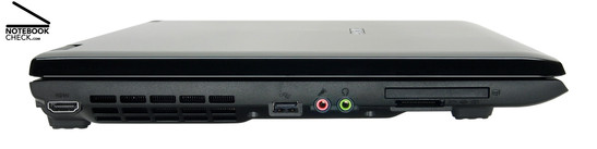 Linker zijkant: HDMI, ventilatie gaten,  1x USB-2.0, microfoon, hoofdtelefoon, ExpressCard/54, 7-in-1 card reader