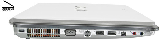 Sony Vaio VGN-CR31S/W Linkerkant: Kensington Slot, Ventilatie gaten, VGA, S-Video-Out, 2x USB-2.0, i.LINK (IEEE1394, FireWire) S400 port, microfoon, koptelefoon, WLAN/Blutooth switch