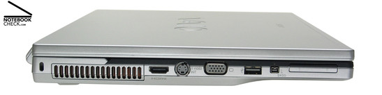 Linkerkant: Kensington Slot, Ventilatie gaten, HDMI, S-Video-Uitgang, VGA, 1x USB-2.0, i.LINK (IEEE1394, FireWire) S400 aansluiting, ExpressCard/34