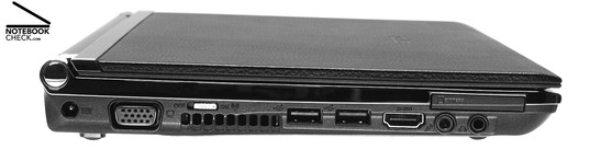 Asus U2E 1P017E Linker zijkant: Stroom connector, VGA, draadloze switch, ventilatie gaten, 2x USB-2.0, µ-DVI-Poort, microfoon, hoofdtelefoon (S/PDIF), ExpressCard/34