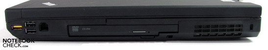 Rechts: Gevoede USB 2.0, 2x USB 2.0, modem, DVD drive, Kensington Lock