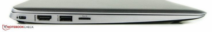 Links: Kensington slot, HDMI-uitgang, 1x USB 3.0, microSD kaartlezer