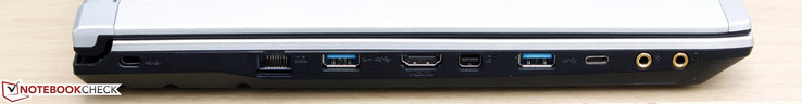Linkerkant: Kensington Lock, RJ45 Ethernet, USB 3.0, HDMI, mDP, USB 3.0, USB 3.1 Type-C Gen. 2, 3.5 mm microfoon en koptelefoon (verguld)