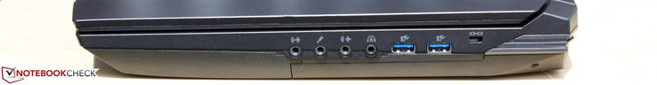 Rechterkant: audio-in, audio-uit, microfoon-in, koptelefoon/SPDIF, 2x USB 3.0, Kensington Lock