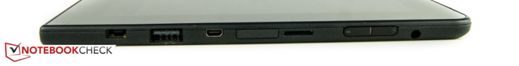 Rechterkant: stroomaansluiting, USB 3.0, HDMI, microSD, volumeknop, gecombineerde audiopoort