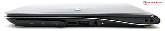 Rechts: micro SD, USB 2.0, audio poort, Kensington Lock
