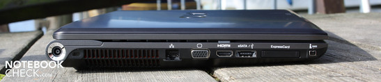 Linkerzijde: stroomaansluiting, Kensington slot, Ethernet, VGA, HDMI, eSATA/USB, ExpressCard/34, Firewire