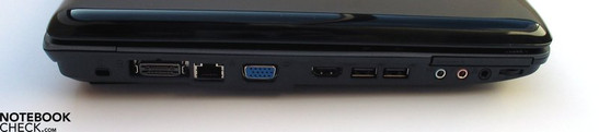 Linkerkant: Kensington slot, Dockingstation poort, LAN, VGA, HDMI, 2x USB, audiopoorten, ExpressCard