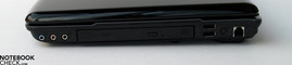 Rechterkant: Audiopoorten (Microfoon, hoofdtelefoon, S/PDIF), DVD drive, 2x USB 2.0, Modem