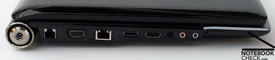 Linkerkant: Stroomvoorziening, Modem, VGA, LAN, USB 2.0, HDMI, Audiopoorten (Line In, Microfoon, koptelefoon), ExpressCard