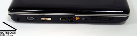 Linkerkant: Kensington slot, VGA, DVI-D, LAN, 2x USB, S-Video, Firewire, Kaartlezer, ExpressCard Linkerkant: Kensington slot, VGA, DVI-D, LAN, 2x USB, S-Video, Firewire, Kaartlezer, ExpressCard