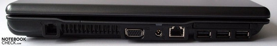Linker zijde: modem, ventilatie gleuven, VGA, 10/100 Ethernet verbinding, ExpressCard/54 met drie USB 2.0 poorten eronder.