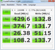 Crystal Disk Mark 3.0: 429/132 MB/s lezen/schrijven