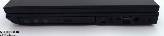 Rechterkant: DVD drive, Firewire, audio aansluitingen, 2x USB 2.0, stroomaansluiting, Kensington slot