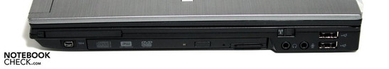 Rechts: ExpressCard, Firewire, module bay, audio, 2x USB 2.0's