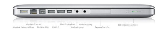 Alle interfaces (behalve het Kensington slot) zijn aan de linkerzijde geplaatst: MagSafe (power), Gigabit LAN, FireWire 800, 2x USB 2.0, mini DisplayPort, Line-In (analoog / optisch), hoofdtelefoon en Line-Out (anloog / digitaal)