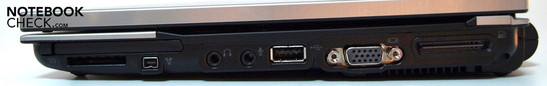 Rechts:  ExpressCard/54, SD kaartlezer, Firewire, audio poorten, USB 2.0, VGA, docking poort