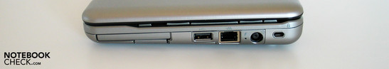 Rechterkant: SD-kaartlezer, ExpressCard, USB, LAN, stroomaansluiting, Kensington slot