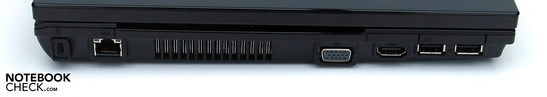 Linkerkant: Kensington slot, LAN, VGA, HDMI, 2x USB, 34mm ExpressCard slot
