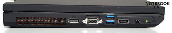Linkerzijde: Ventilator, scherm poort, VGA, 2x USB 3.0, USB/eSATA combo, Firewire, WiFi hoofdschakelaar