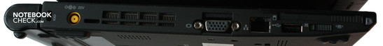 Links: CardBus, WLAN knop, USB, LAN, VGA, ventilatie, DC-in, Kensington slot