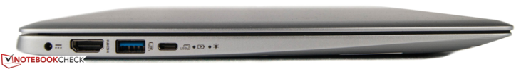 Linkerkant: stroomaansluiting, HDMI-uit, 1x USB 3.0, 1x USB 3.1 Type-C