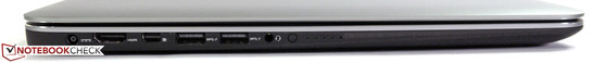 Linkerzijde: AC jack, HDMI, Mini DisplayPort, 2 x USB 3.0, audio in/uitgang, batterijlading indicator