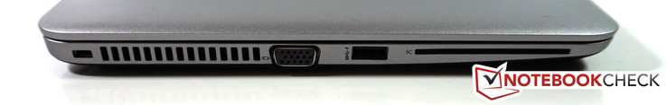 Links: Kensington slot, VGA, USB 3.0, SmartCard lezer