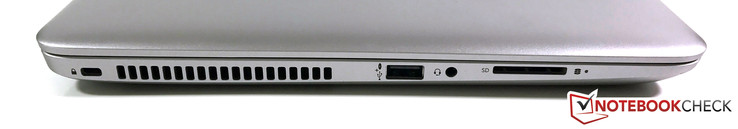 Left side: slot for a security lock, fan exhaust, USB 2.0 (powered), headset, SD reader