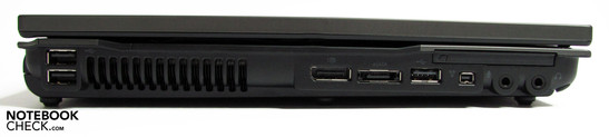 Links: 2xUSB, scherm poort, eSATA, USB, FW, audio