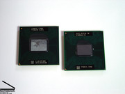 De grootte van de chips kon verlaagt worden dankzij de overgang van 65nm naar 45nm productie (links: Merom, rechts: Penryn).