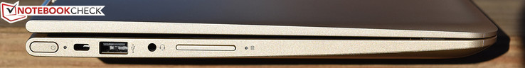 Left: Power button, Kensington Lock, USB 2.0, Headset/mic combo audio, volume rocker