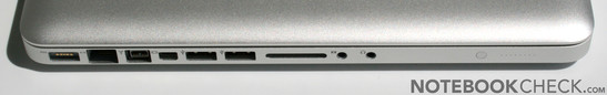 Linkerkant: MagSafe (stroom), Gigabit LAN, FireWire 800, Mini DisplayPort, 2x USB 2.0, SD-kaartlezer, line-in (analoog/optisch - geen microfoon), line-out (analoog/optisch), batterij status LED