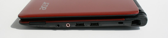 Rechterkant: Kaartlezer, Audio poorten, 2x USB 2.0 poort, Kensington slot, LAN poort