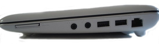 Rechterkant: 2-in-1 kaartlezer (MMC, SD), hoofdtelefoon-uitgang, microfoon-ingang, 2x USB 2.0, RJ45 Fast Ethernet LAN