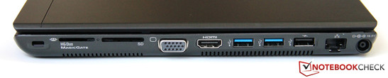 Rechterzijde: Kensington Lock, twee kaartlezers, VGA, HDMI, 2x USB 3.0, USB 2.0, GBit LAN, stroomaansluiting