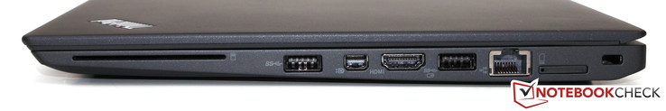 Rechts: SmartCard lezer, USB 3.0, Mini-DisplayPort, HDMI, USB 3.0, Gbit-LAN, SIM-slot, Kensington lock