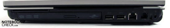 Rechterkant: SmartCard lezer, Dvd-brander, 2x USB 3.0, LAN, modem, Kensington security slot