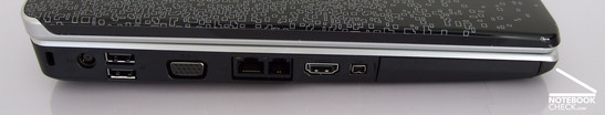 Linkerkant: Kensington slot, stroomconnector, VGA, LAN, Modem, HDMI, Firewire