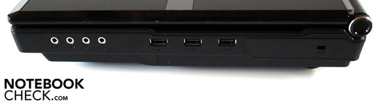Rechts: 4 audio-aansluitingen, 3x USB 2.0, Kensington Lock