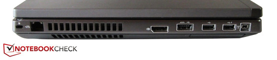Links: Kensington Lock, RJ-45 Gigabit LAN, DisplayPort, eSATA / USB 2.0 combo, 2 USB 2.0, FireWire, 54 mm ExpressCard