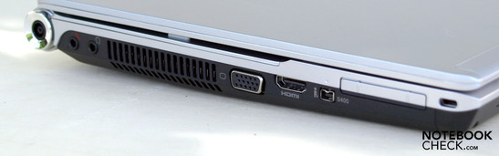 Linkerkant: microfoon, hoofdtelefoon, fan, VGA, HDMI, FireWire, ExpressCard/54, Kensington slot
