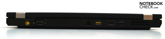 Achter: voeding, VGA, RJ-45, Powered USB, USB/eSATA combinatie, DisplayPort, ventilatie