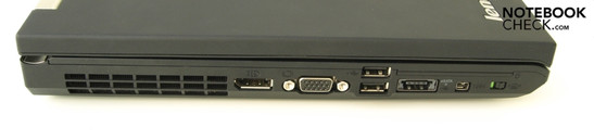 Links: ventilator, DisplayPort, VGA, 2x USB 2.0, USB/eSATA combo, FireWire, Wi-Fi schakelaar