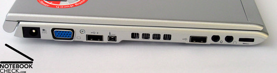 Linkerkant: stroom connector, VGA poort, USB, Firewire, ventilator, USB, geluid