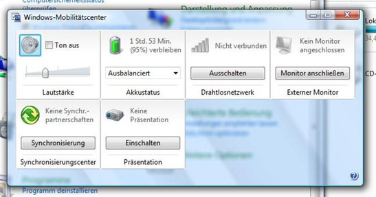 De Windows Vista mobility center brengt alle belangrijke specifieke notebook instellingen samen.