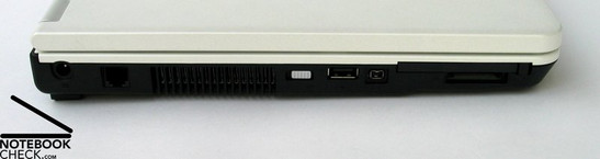 Linkerkant: Voedingsaansluiting, Fan, USB, Firewire, ExpressCard, Cardreader