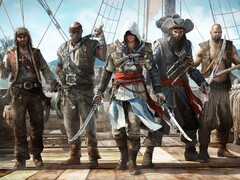 Het artwork van Assassin&#039;s Creed IV: Black Flag met Edward Kenway en zijn piratenbemanning op een schip (bron: Ubisoft)