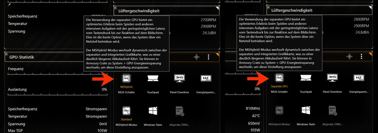 Slechts een klein gedeelte in de Armoury Crate software geeft aan of de Optimus modus ("MSHybrid") of de dGPU modus ("Separate GPU") actief is.